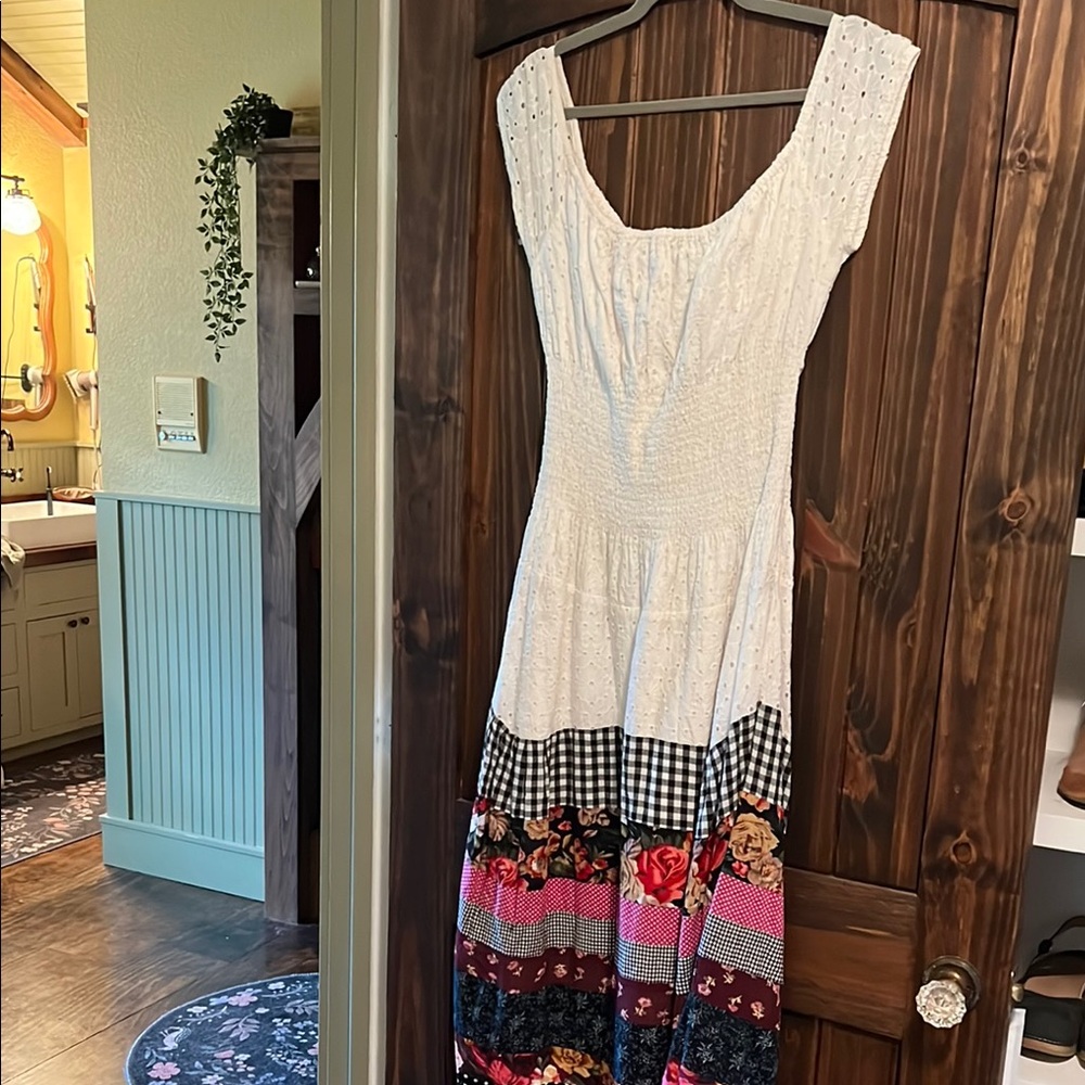 Luna luz eyelet and floral patchwork boho prairie style dress off shoulder